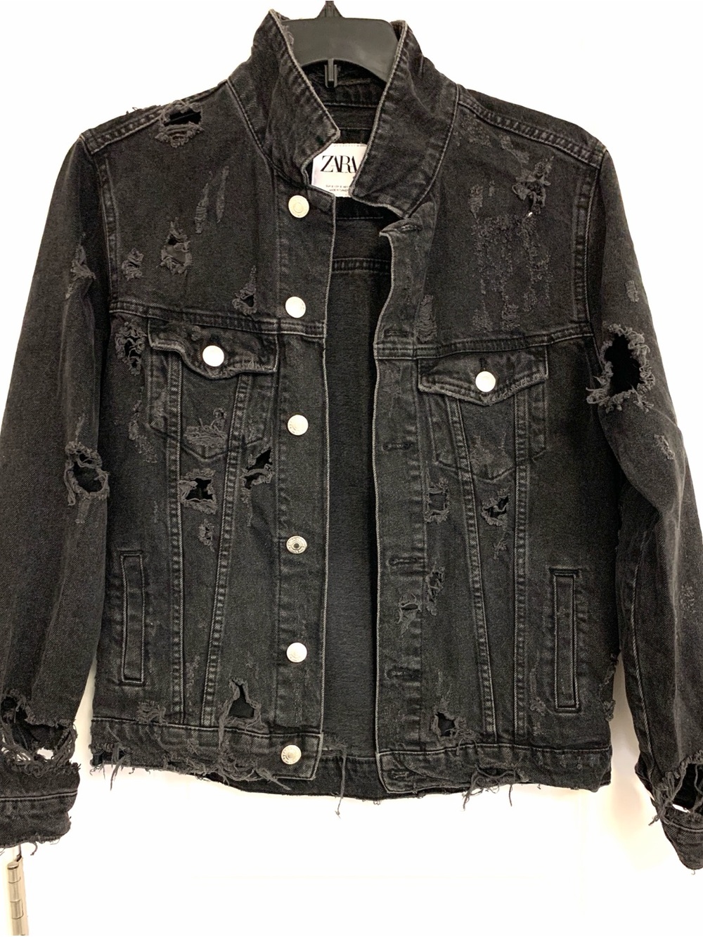 Zara Black Washed Denim Jacket with Logo Button Size S
